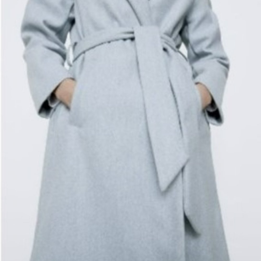 Zara Light Blue Hooded Belted Wrap Coat NWT